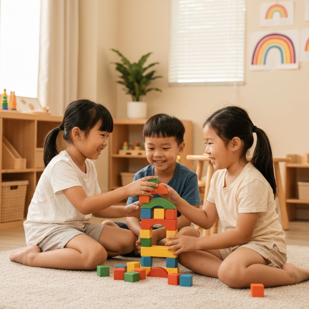 Happy children learning and playing together with colorful building blocks in a warm classroom environment